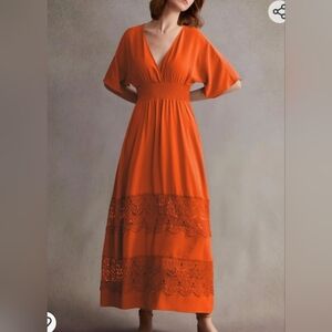 OLAESA women's lace maxi dress shorts sleeve V neck Bohemian Dress. SIZE M